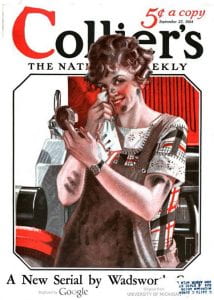 Collier's cover. Woman wiping off smudges from work, looking into a compact mirror